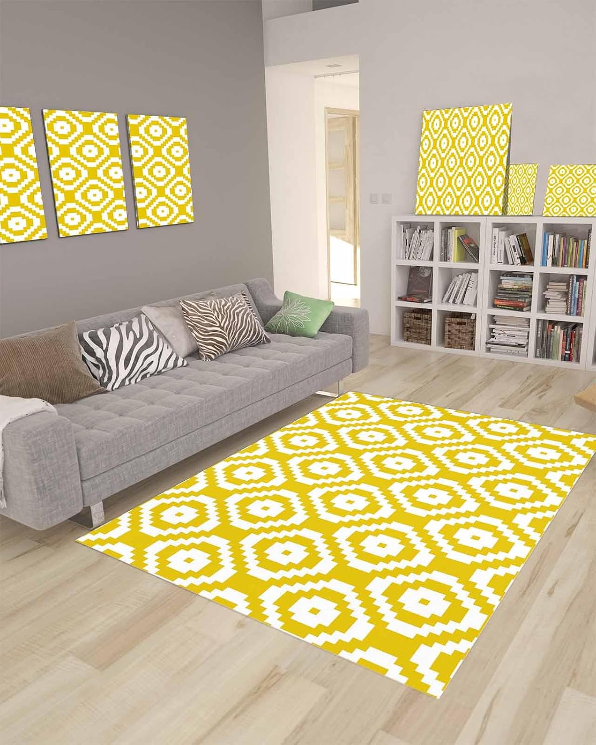Modern Abstract Square Yellow White Area Rug, Living Room & Bedroom Decor, Geometric Texture Plush Carpet 32x60in