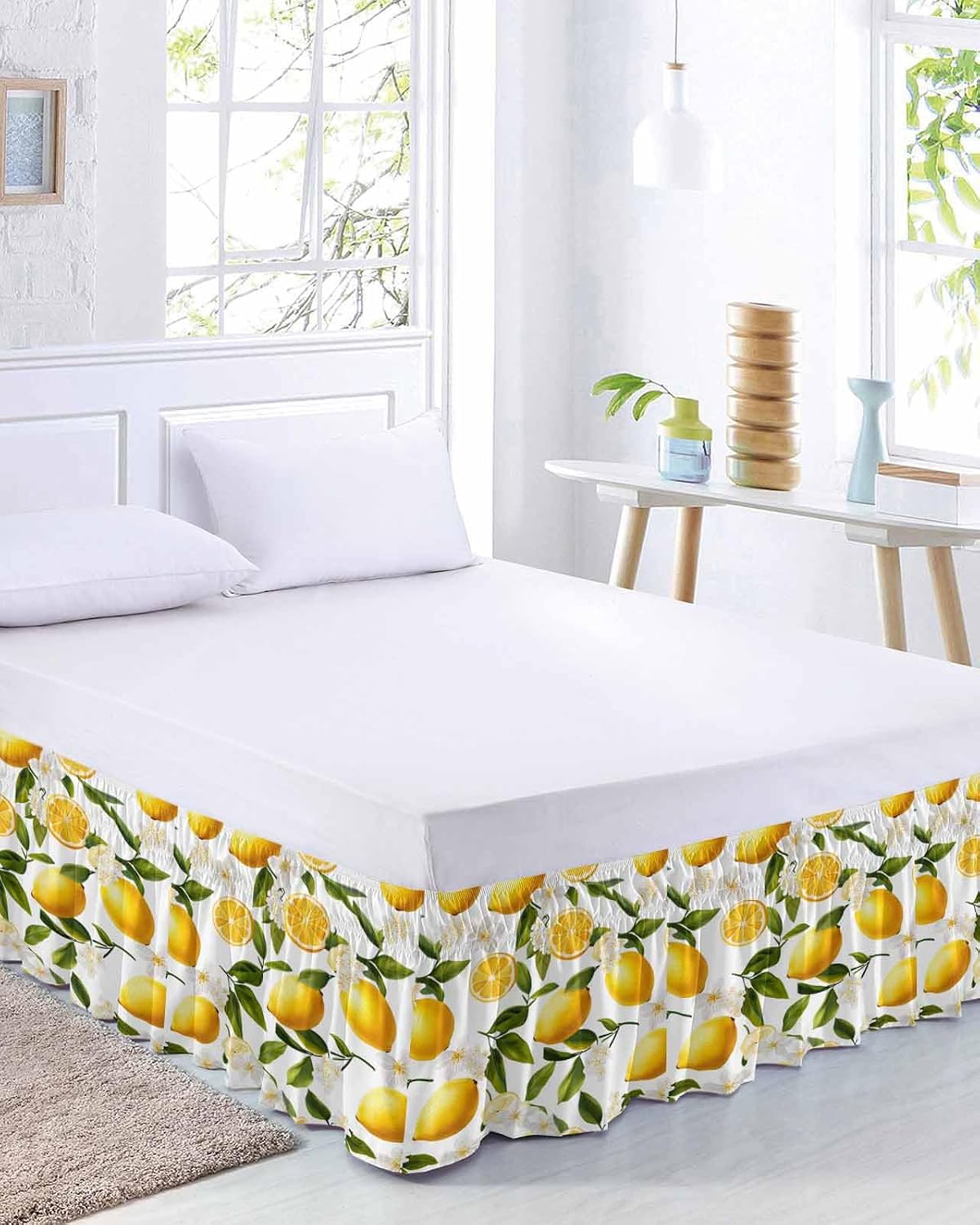 Yellow Lemon Bed Skirt Queen Size 16 Inch Drop, Adjustable Elastic Wrap Around Bed Skirts Easy Fitting Dust Ruffle Bedskirt Bed Frame Cover Blooming Floral Botanical Leaves