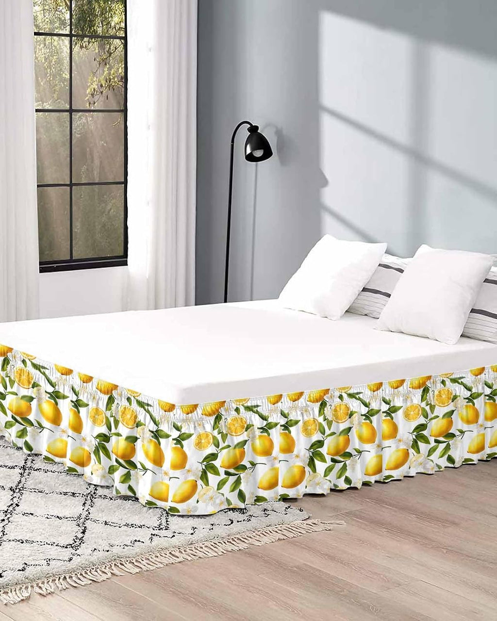 Yellow Lemon Bed Skirt Queen Size 16 Inch Drop, Adjustable Elastic Wrap Around Bed Skirts Easy Fitting Dust Ruffle Bedskirt Bed Frame Cover Blooming Floral Botanical Leaves