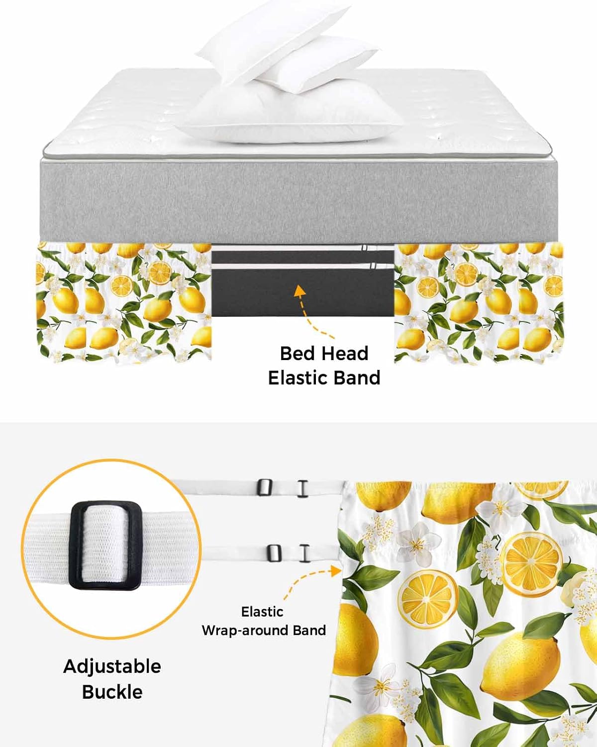 Yellow Lemon Bed Skirt Queen Size 16 Inch Drop, Adjustable Elastic Wrap Around Bed Skirts Easy Fitting Dust Ruffle Bedskirt Bed Frame Cover Blooming Floral Botanical Leaves