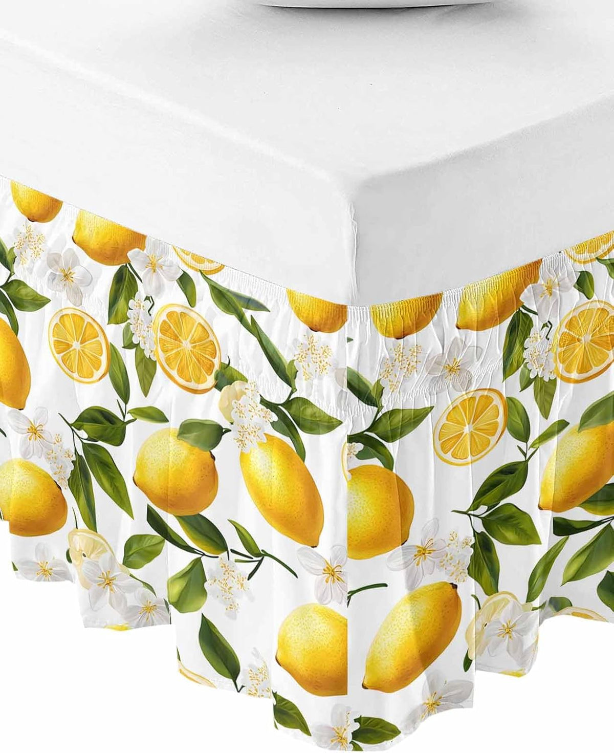 Yellow Lemon Bed Skirt Queen Size 16 Inch Drop, Adjustable Elastic Wrap Around Bed Skirts Easy Fitting Dust Ruffle Bedskirt Bed Frame Cover Blooming Floral Botanical Leaves