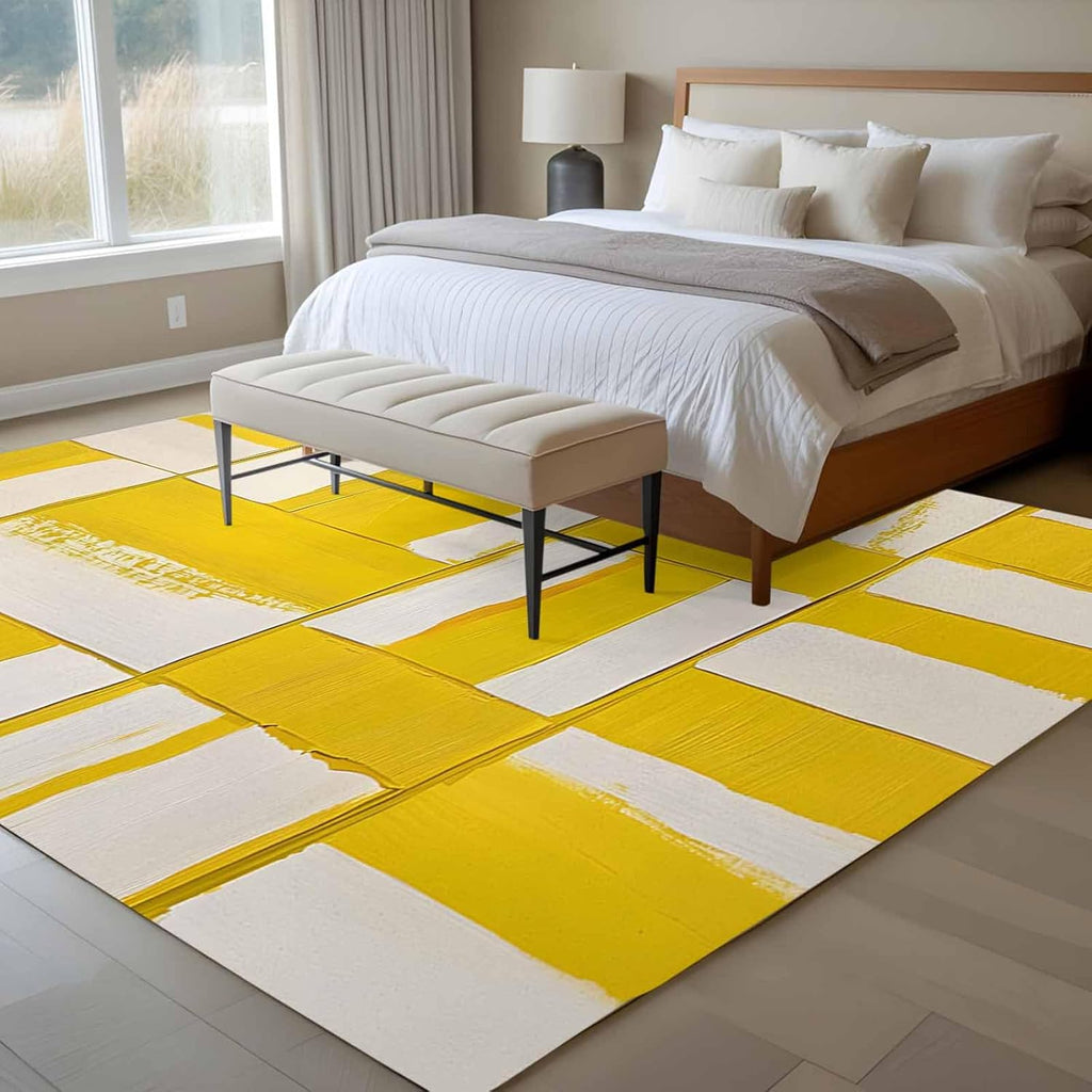 8x10 Abstract Art Area Rug for Spacious Living Room, Washable Low Pile Non Slip Rug Modernism Yellow Color Block