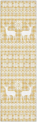 Holiday Festive Theme Soft Plush Thick Pile Christmas Area Rug Runner 2'3" x 7'6" | Winter Cheer Xmas Playful Deer Snowflakes Plaid Patterns Gold Yellow White Color | Washable Nonslip Indoor Outdoor
