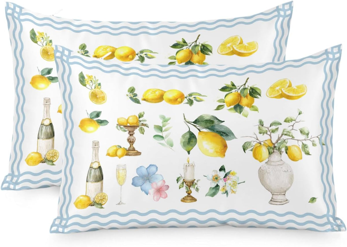 Boho Lemons Pillow Cases Standard Size Set of 2, Summer Yellow Fruits Flowers Leaf Blue Stripe Satin Pillowcase with Zipper for Hair/Skin, Decorative Pillow Covers for Bed/Couch/Sofa, 20x26 Inches