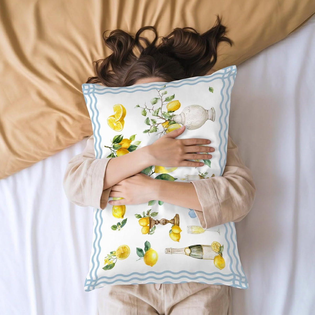 Boho Lemons Pillow Cases Standard Size Set of 2, Summer Yellow Fruits Flowers Leaf Blue Stripe Satin Pillowcase with Zipper for Hair/Skin, Decorative Pillow Covers for Bed/Couch/Sofa, 20x26 Inches