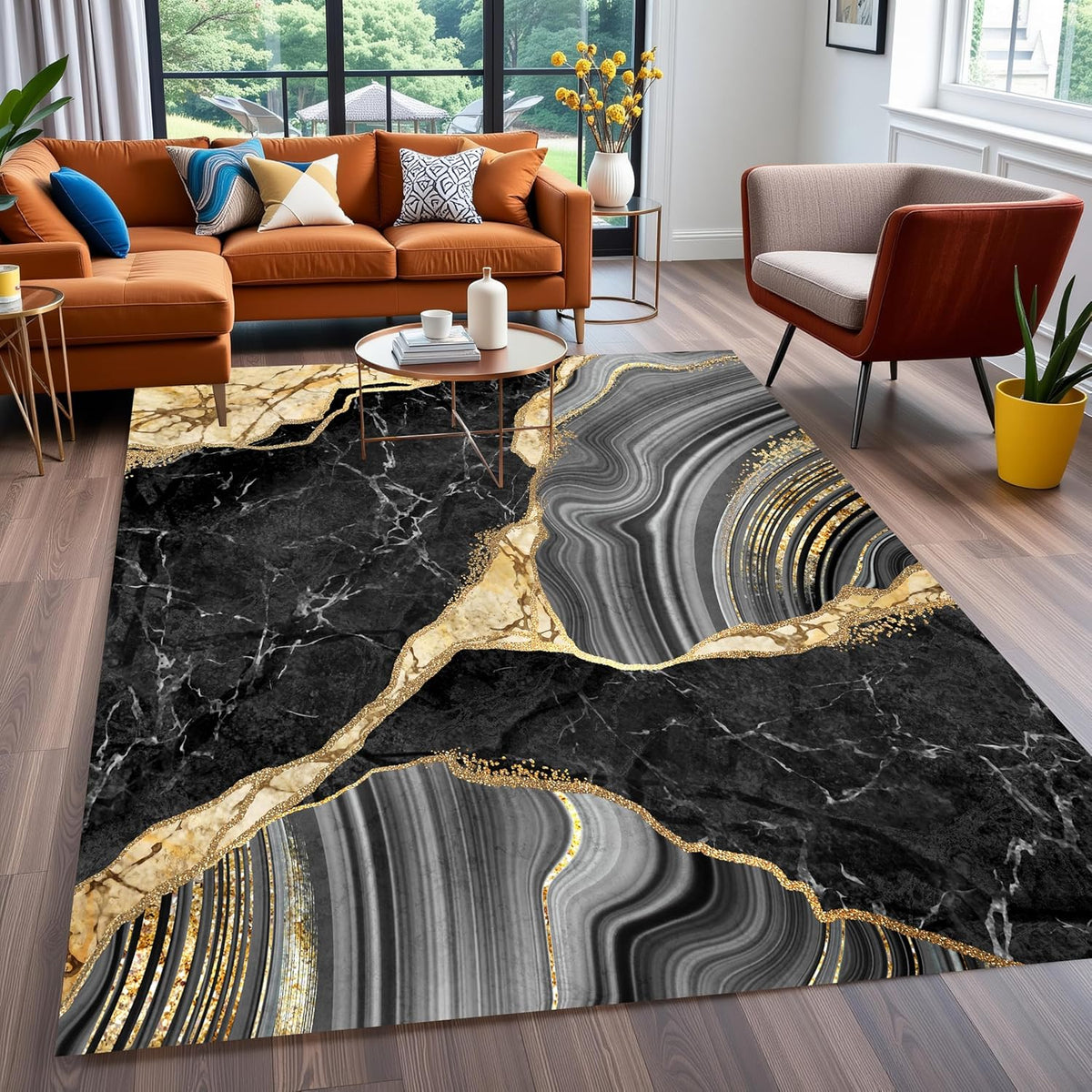 Black Grey Yellow Marble Texture Modern Abstract Aesthetic Area Rug 3x5 Minimalist Art Decor Rug for Livingroom Bedroom Diningroom Indoor Kitchen Hallway Carpet