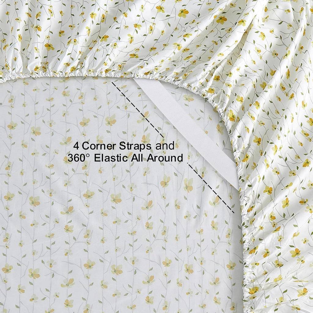 Yellow Floral Bed Sheets Full Flower Printed Sheets - Patterned Microfiber Fitted Sheets Full with 15" Deep Pocket & Non-Slip Straps, Cute Flower Sheets & Pillowcase Set