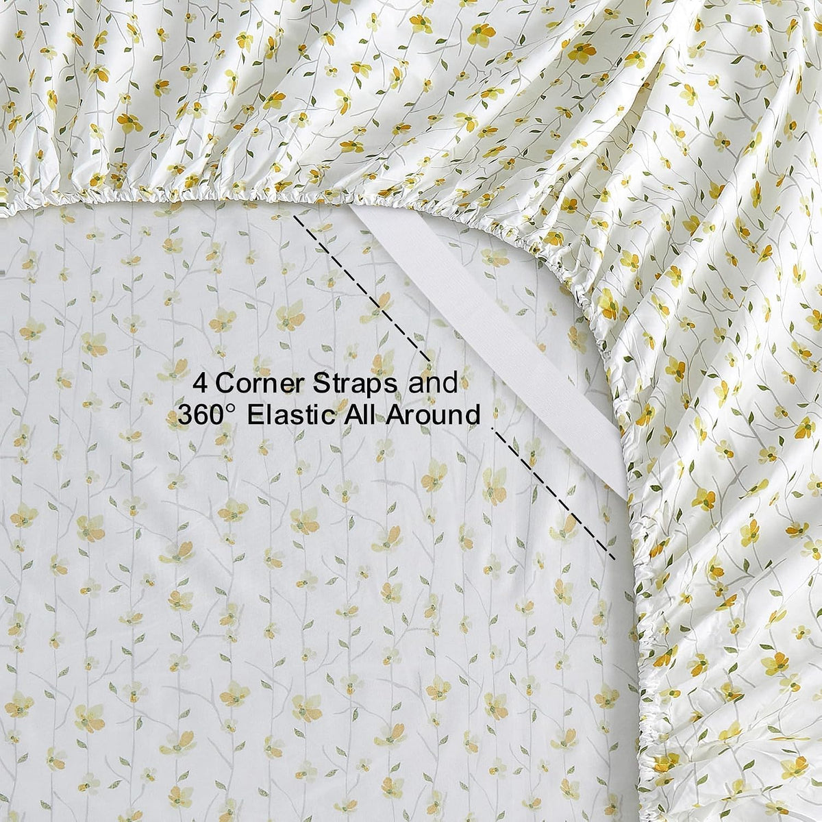 Yellow Floral Bed Sheets Full Flower Printed Sheets - Patterned Microfiber Fitted Sheets Full with 15" Deep Pocket & Non-Slip Straps, Cute Flower Sheets & Pillowcase Set