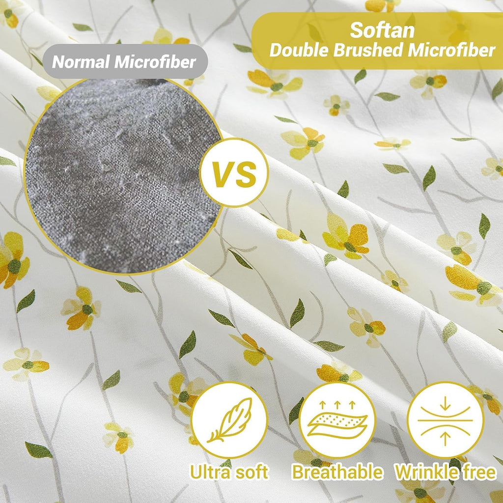 Yellow Floral Bed Sheets Full Flower Printed Sheets - Patterned Microfiber Fitted Sheets Full with 15" Deep Pocket & Non-Slip Straps, Cute Flower Sheets & Pillowcase Set