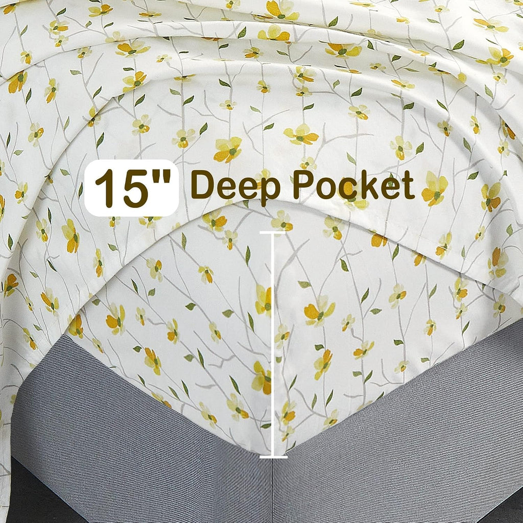 Yellow Floral Bed Sheets Full Flower Printed Sheets - Patterned Microfiber Fitted Sheets Full with 15" Deep Pocket & Non-Slip Straps, Cute Flower Sheets & Pillowcase Set