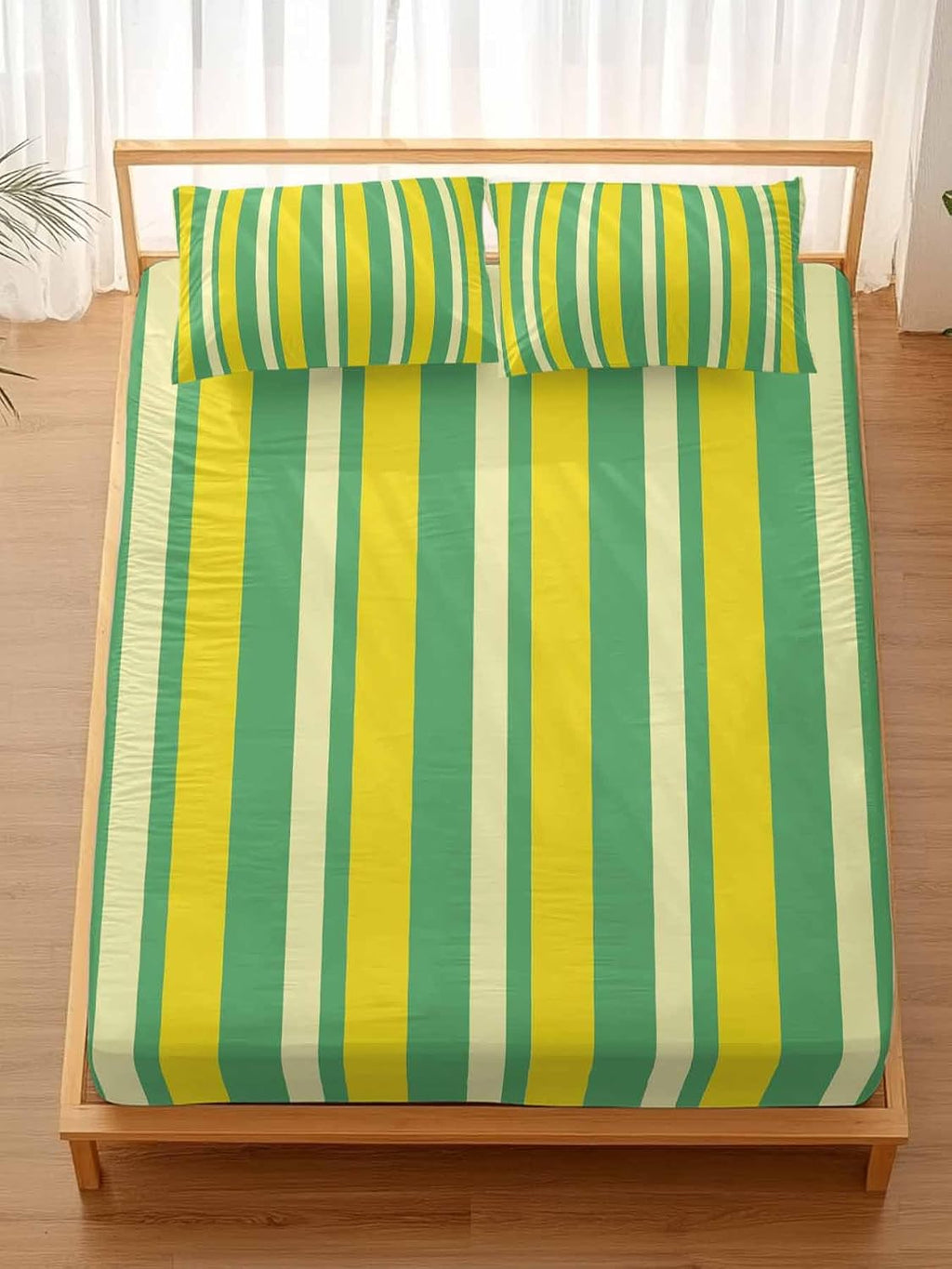 Twin Sze Fitted Sheet Set - Lemon Green Yellow 2 Piece Bedding Sets 16" Deep Pocket Fitted Sheet with 1 Pillowcase, Summer Modern Farmhouse Striped Brushed Microfiber Hotel Luxury Bed Sheets