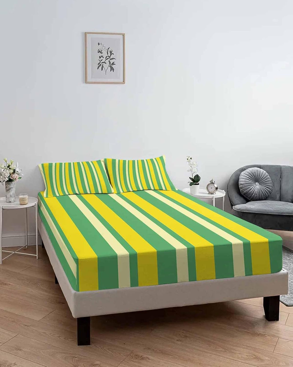 Twin Sze Fitted Sheet Set - Lemon Green Yellow 2 Piece Bedding Sets 16" Deep Pocket Fitted Sheet with 1 Pillowcase, Summer Modern Farmhouse Striped Brushed Microfiber Hotel Luxury Bed Sheets