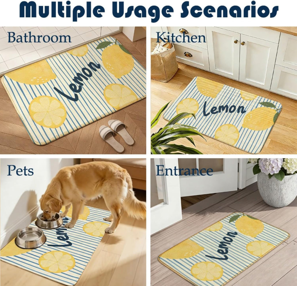 Chicimln Summer Yellow Lemon Door Mat, Lemon Citrus Fruit Non-Slip Linen Doormat Outdoor Indoor Entrance, Blue Striped Coastal Welcome Mats Rugs for Entryway Front Door Porch, 17x30 Inch