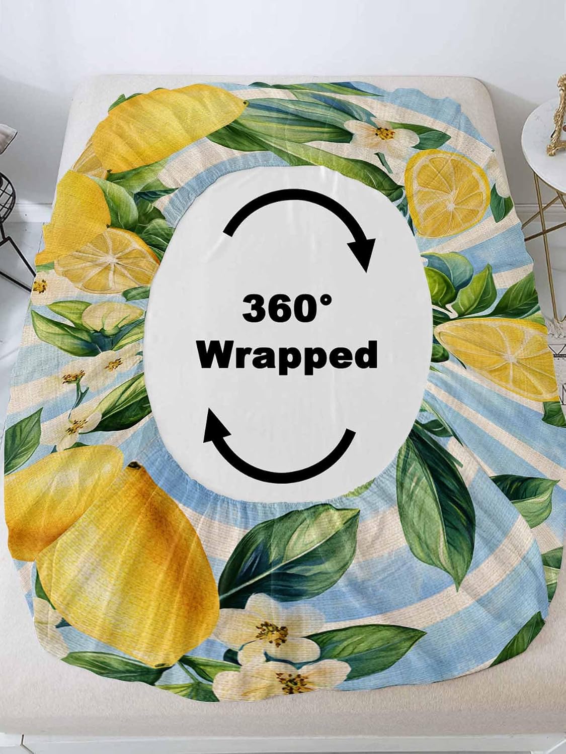 Twin Fitted Sheet and Pillowcase Set, Yellow Lemon Soft Bed Fitted Sheets - Deep Pocket Fits Mattress Up to 16", Summer Botanical Fruit Blue Striped Bedding Set with 1 Pillow Case