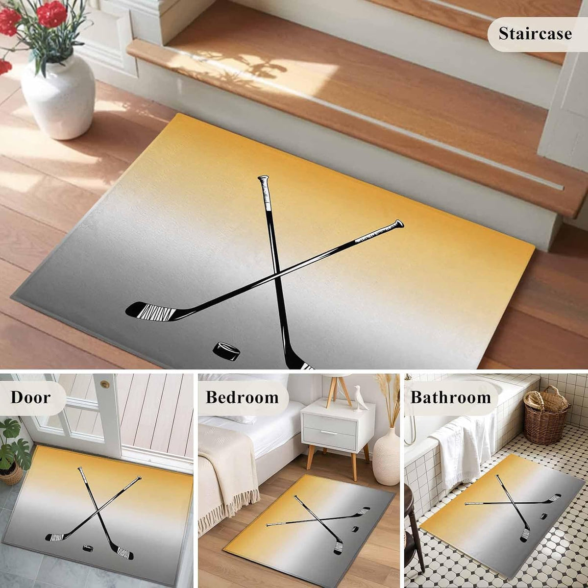 Ice Hockey Entryway Rug 2'x3', Winter Sports Yellow Grey Gradients Small Area Rug Non-Slip Front Door Mat Washable Floor Carpet for Indoor Entrance Kitchen Bathroom
