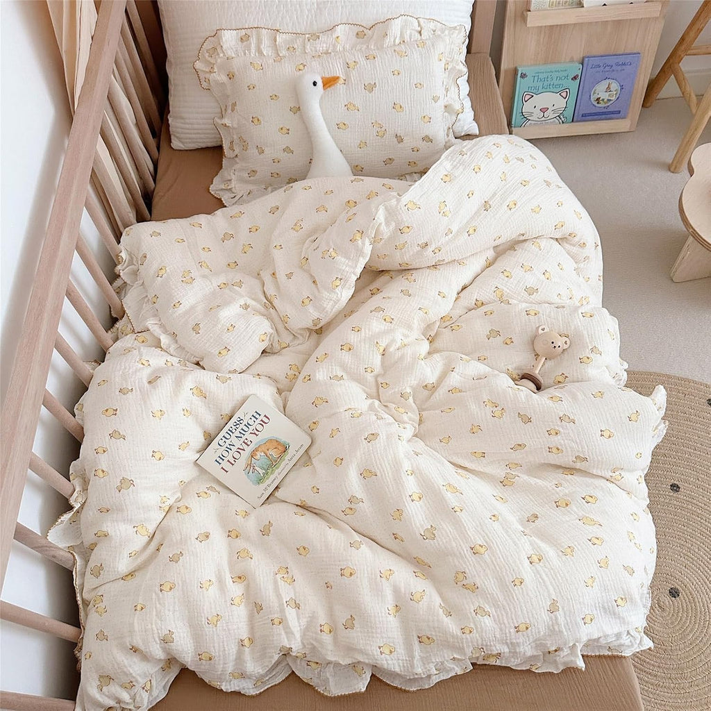 AOJIM Cute Toddler Kids Duvet Cover, 1-Piece Muslin Cotton Ruffled Bedding Duvet Cover with Little Yellow Duck, Soft Breathable 2-Layer Gauze Baby Kids Comforter Cover for Girls Boys (47X59'')