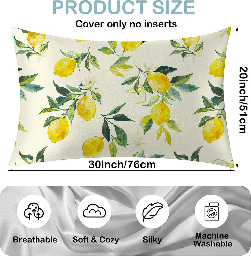 1 Pack Satin Pillowcase for Hair and Skin Yellow Lemon Retro Imitation Silk Pillowcase 20" x 30" with Hidden Zipper Soft Smooth Cooling Pillow Cover Queen Size for Bedroom Sofa