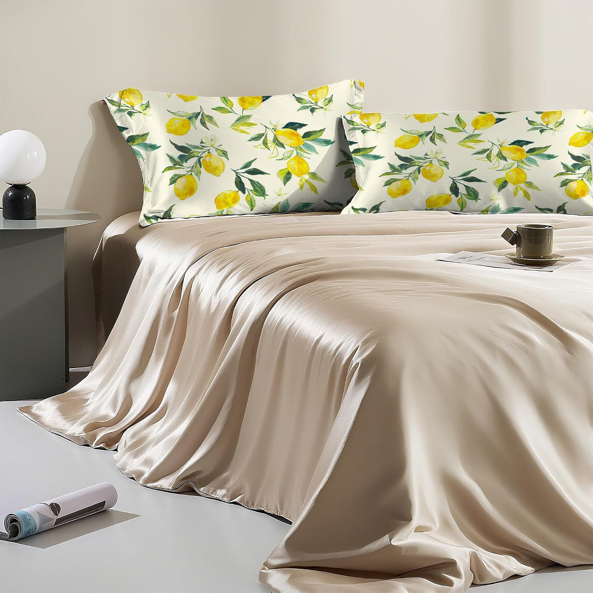 1 Pack Satin Pillowcase for Hair and Skin Yellow Lemon Retro Imitation Silk Pillowcase 20" x 30" with Hidden Zipper Soft Smooth Cooling Pillow Cover Queen Size for Bedroom Sofa