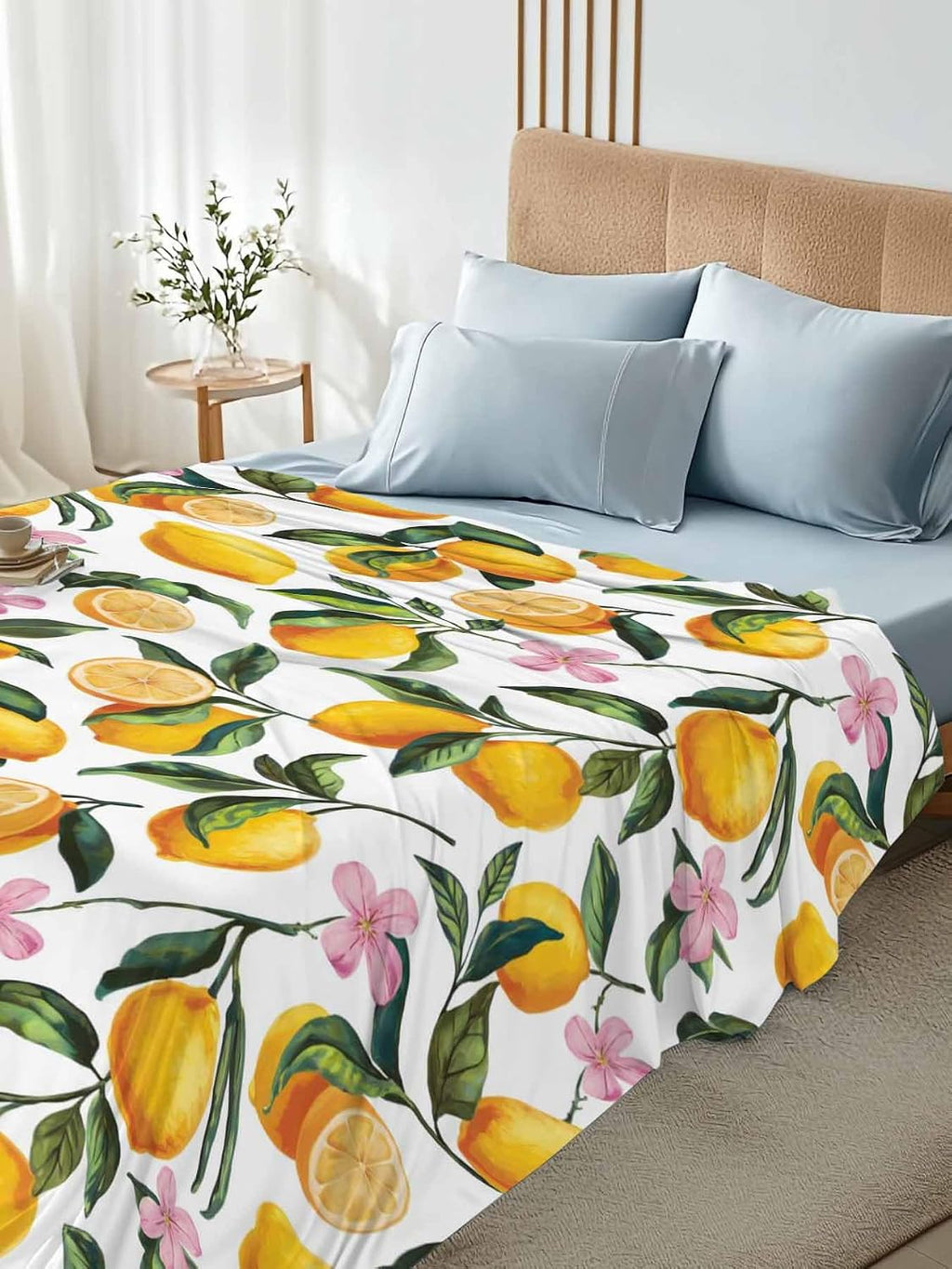 Twin Flat Sheet Only,Summer Lemon Floral Seamless Top Sheet Breathable Soft Brushed Polyester Microfiber Bed Sheets,Yellow on White Hotel Luxury Bedding Sheets for Women,Men,Teens