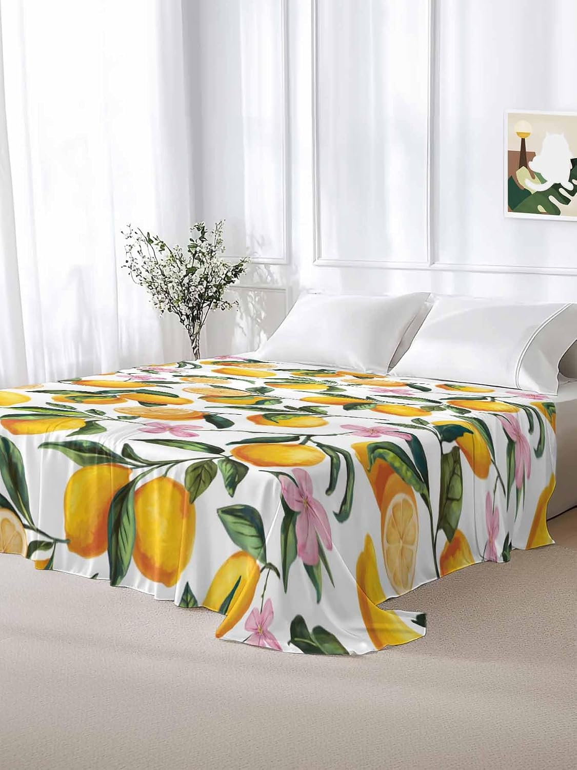 Twin Flat Sheet Only,Summer Lemon Floral Seamless Top Sheet Breathable Soft Brushed Polyester Microfiber Bed Sheets,Yellow on White Hotel Luxury Bedding Sheets for Women,Men,Teens
