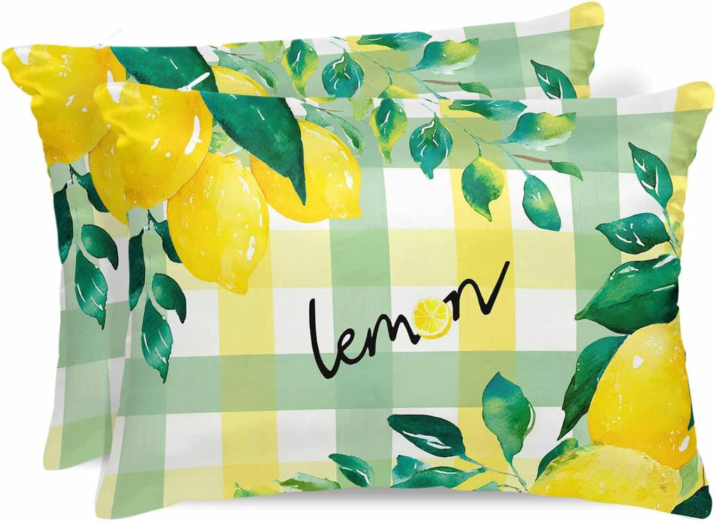 Satin Pillowcases Standard Size, Summer Lemon Silk Pillow Cases for Hair and Skin with Zipper 2 Pack, Botanical Fruit Leaves Yellow Green Striped Smooth Throw Pillow Covers for Sleeping, 20"x26"