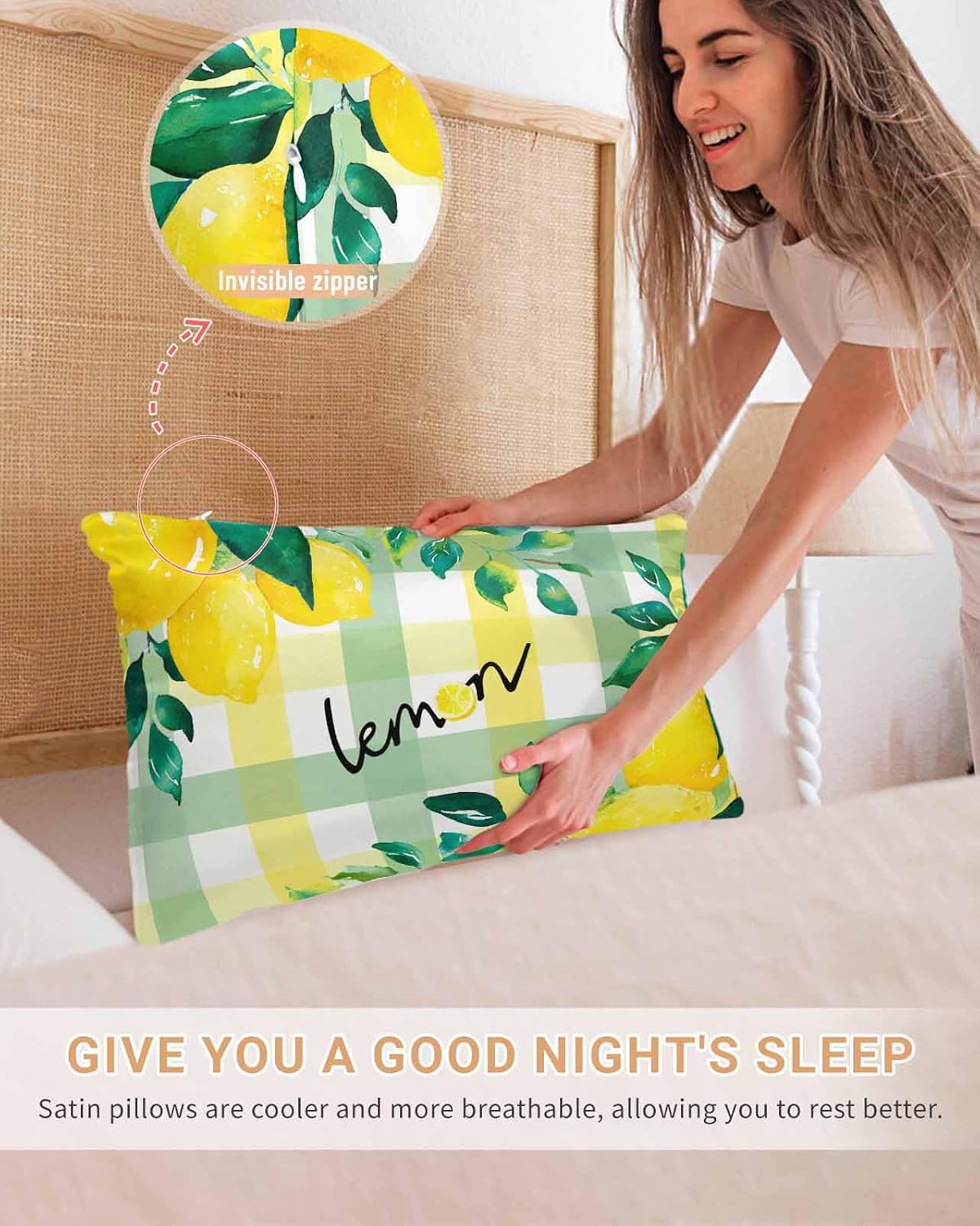 Satin Pillowcases Standard Size, Summer Lemon Silk Pillow Cases for Hair and Skin with Zipper 2 Pack, Botanical Fruit Leaves Yellow Green Striped Smooth Throw Pillow Covers for Sleeping, 20"x26"