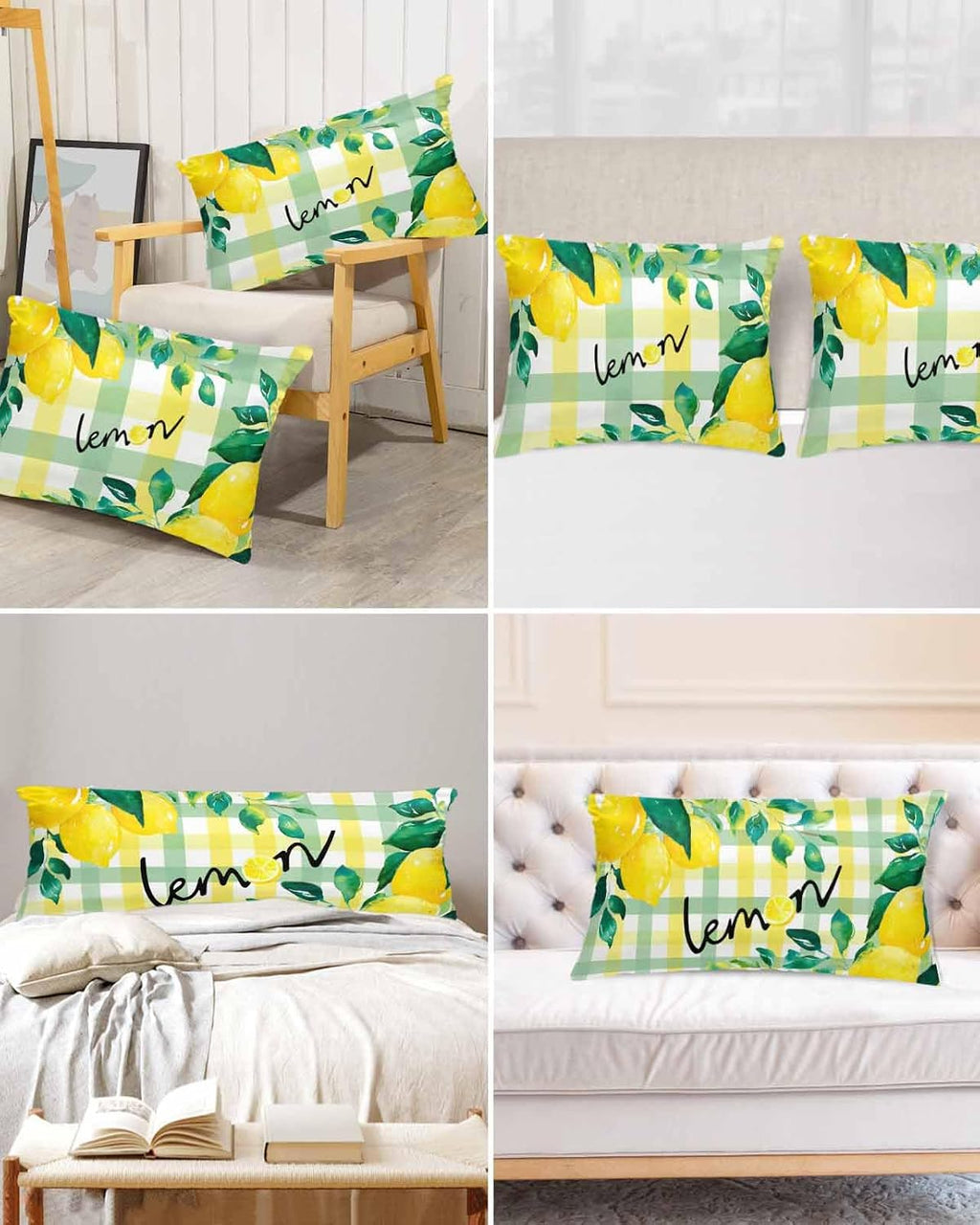 Satin Pillowcases Standard Size, Summer Lemon Silk Pillow Cases for Hair and Skin with Zipper 2 Pack, Botanical Fruit Leaves Yellow Green Striped Smooth Throw Pillow Covers for Sleeping, 20"x26"