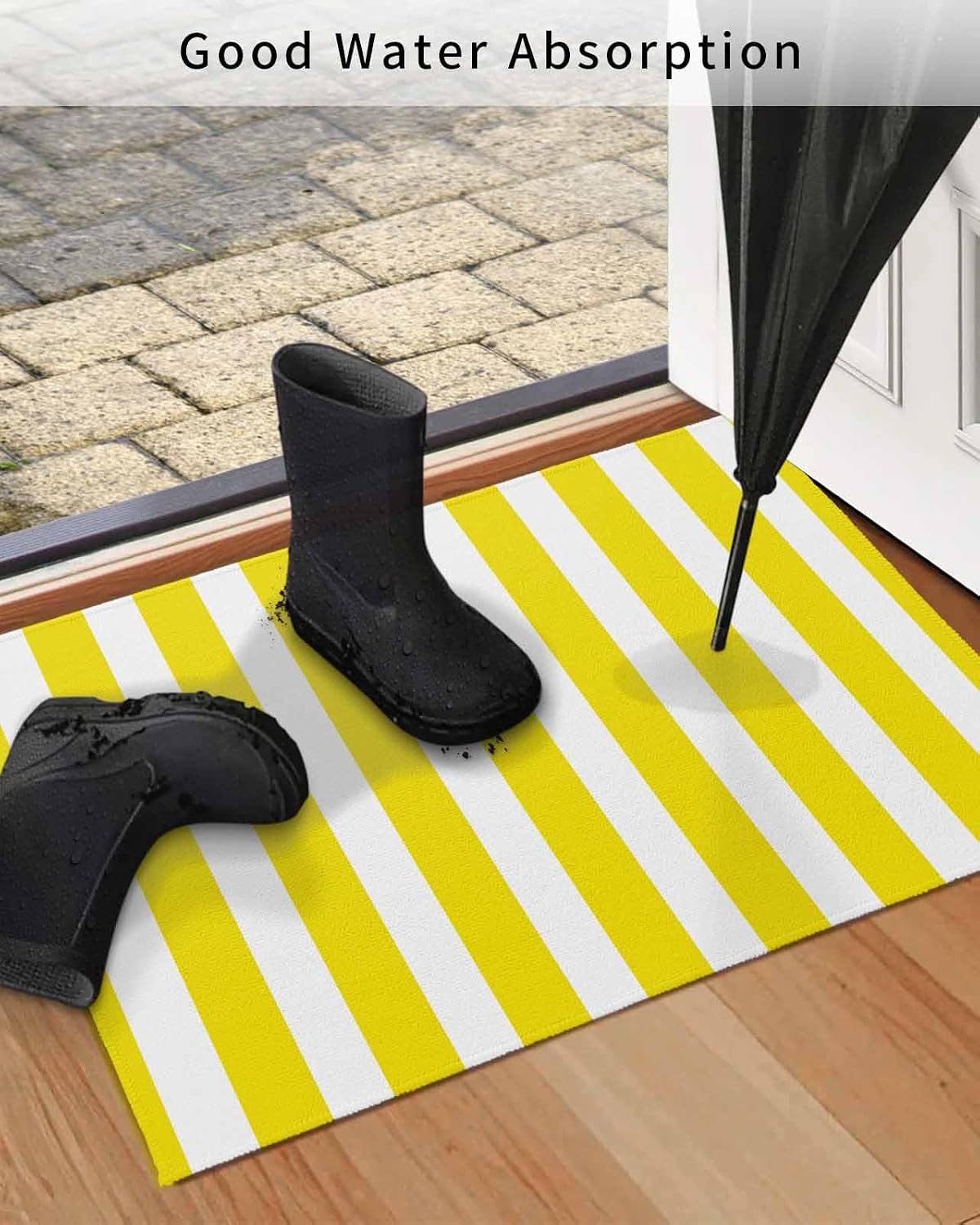 Yellow Stripes Door Mat Indoor Welcome Mat Front Door Mat Outside Entrance Modern White Yellow Striped Outdoor Mat Durability Non-Slip Washable Doormat Rug for Entryway Porch, 16x24 Inch