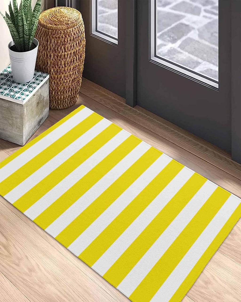 Yellow Stripes Door Mat Indoor Welcome Mat Front Door Mat Outside Entrance Modern White Yellow Striped Outdoor Mat Durability Non-Slip Washable Doormat Rug for Entryway Porch, 16x24 Inch