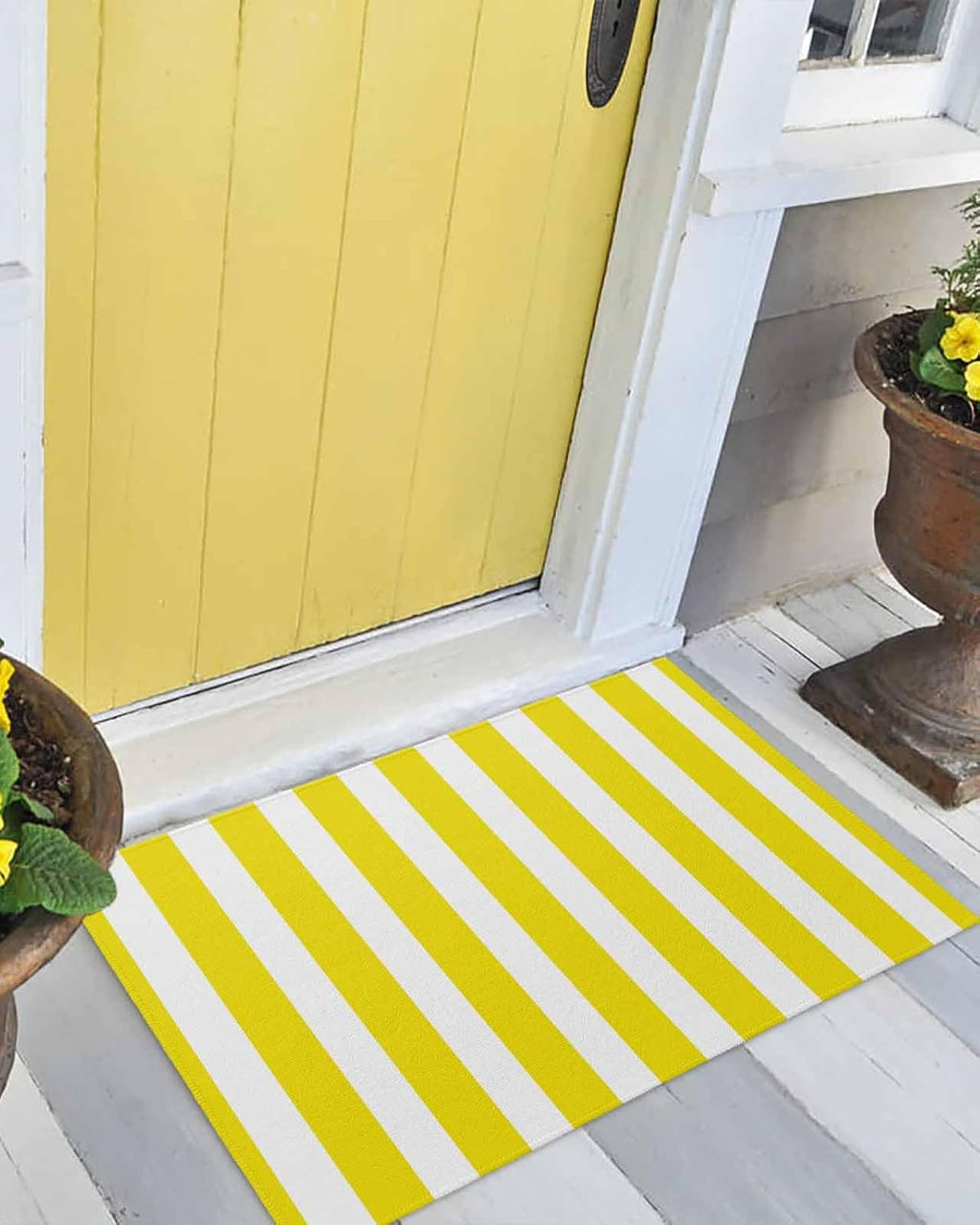 Yellow Stripes Door Mat Indoor Welcome Mat Front Door Mat Outside Entrance Modern White Yellow Striped Outdoor Mat Durability Non-Slip Washable Doormat Rug for Entryway Porch, 16x24 Inch