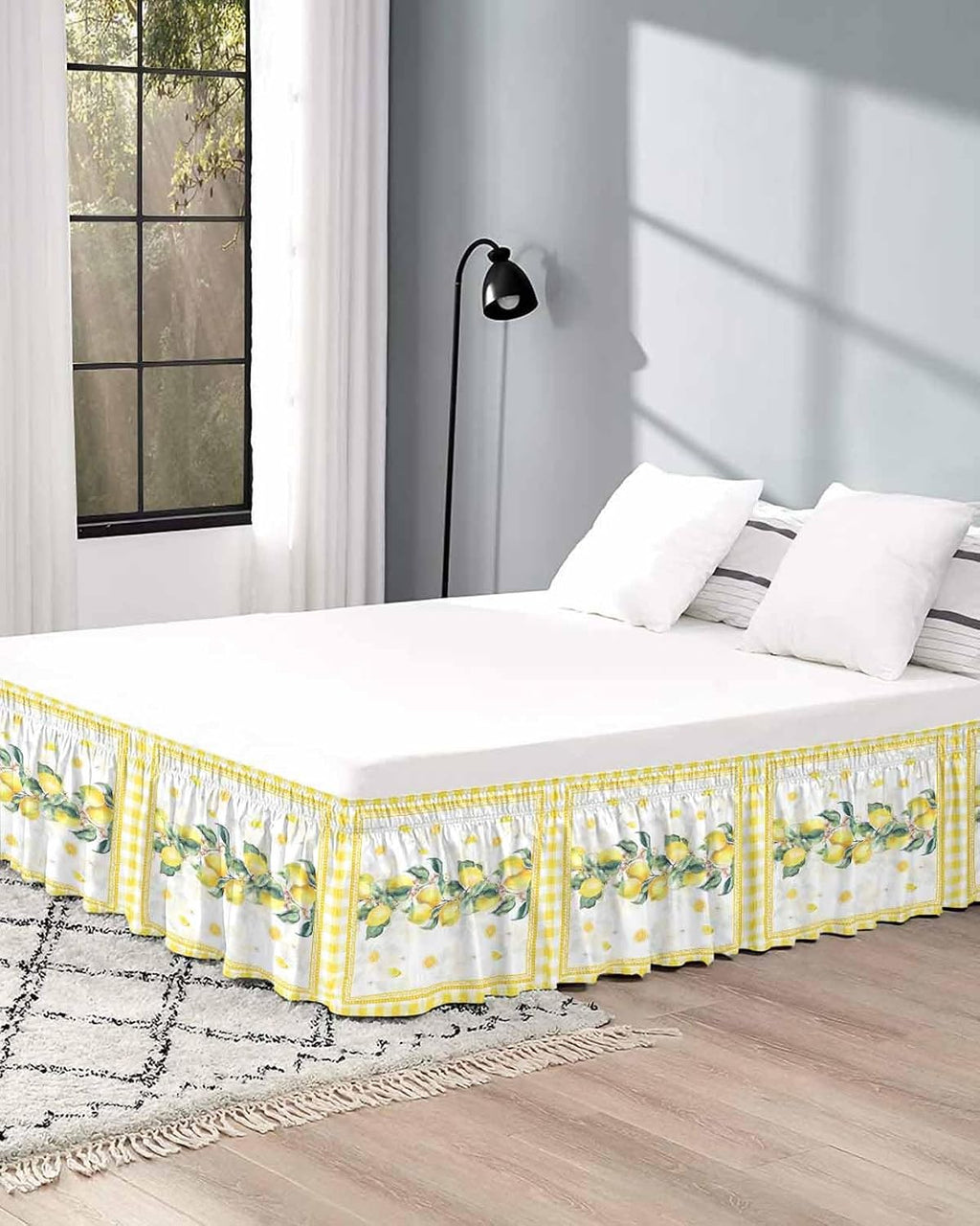 Yellow Lemon Bed Skirt Queen Size 16 Inch Drop, Adjustable Elastic Wrap Around Bed Skirts Easy Fitting Dust Ruffle Bedskirt Bed Frame Cover Summer Botanical Plaid Elegant Pastoral