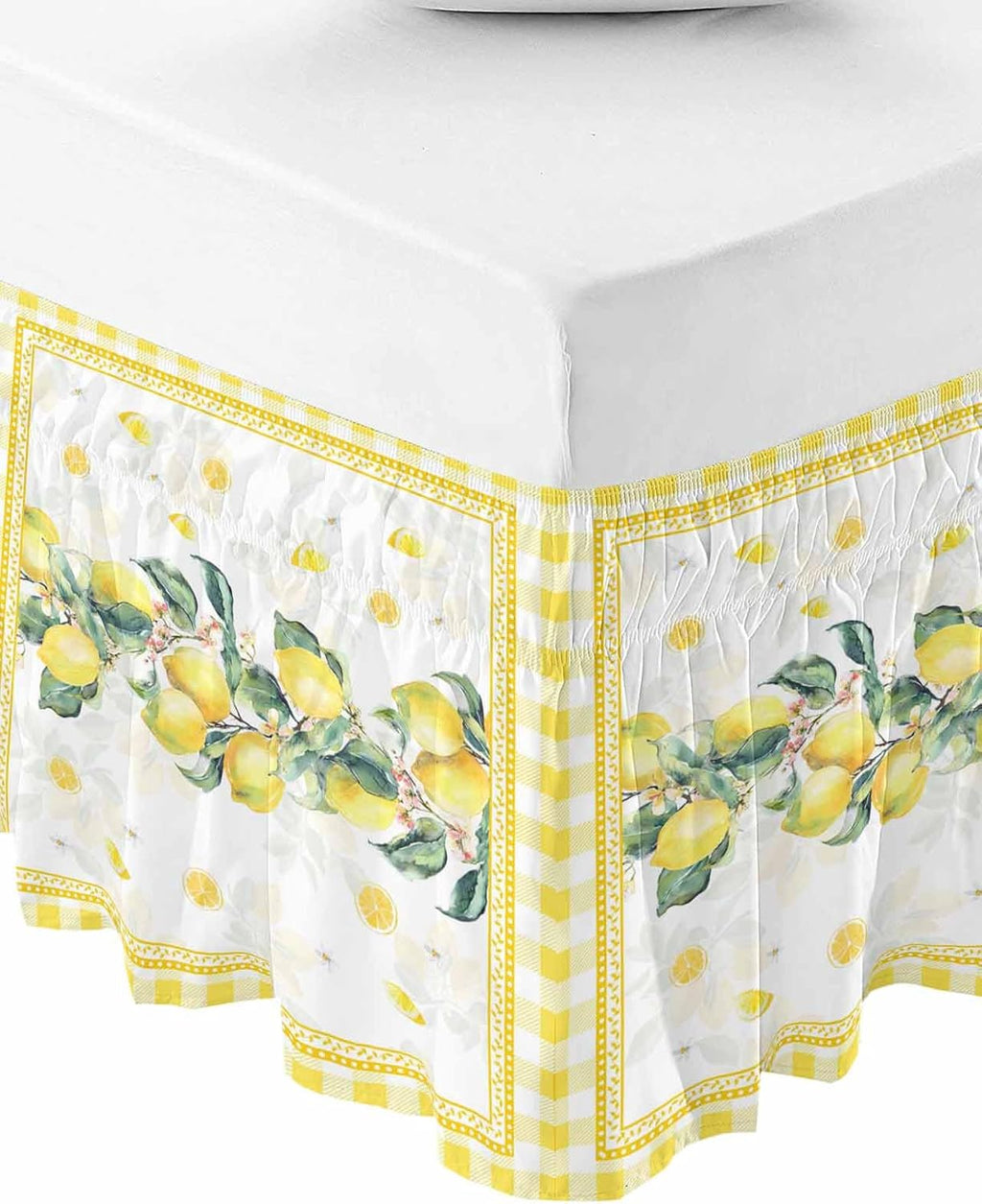 Yellow Lemon Bed Skirt Queen Size 16 Inch Drop, Adjustable Elastic Wrap Around Bed Skirts Easy Fitting Dust Ruffle Bedskirt Bed Frame Cover Summer Botanical Plaid Elegant Pastoral