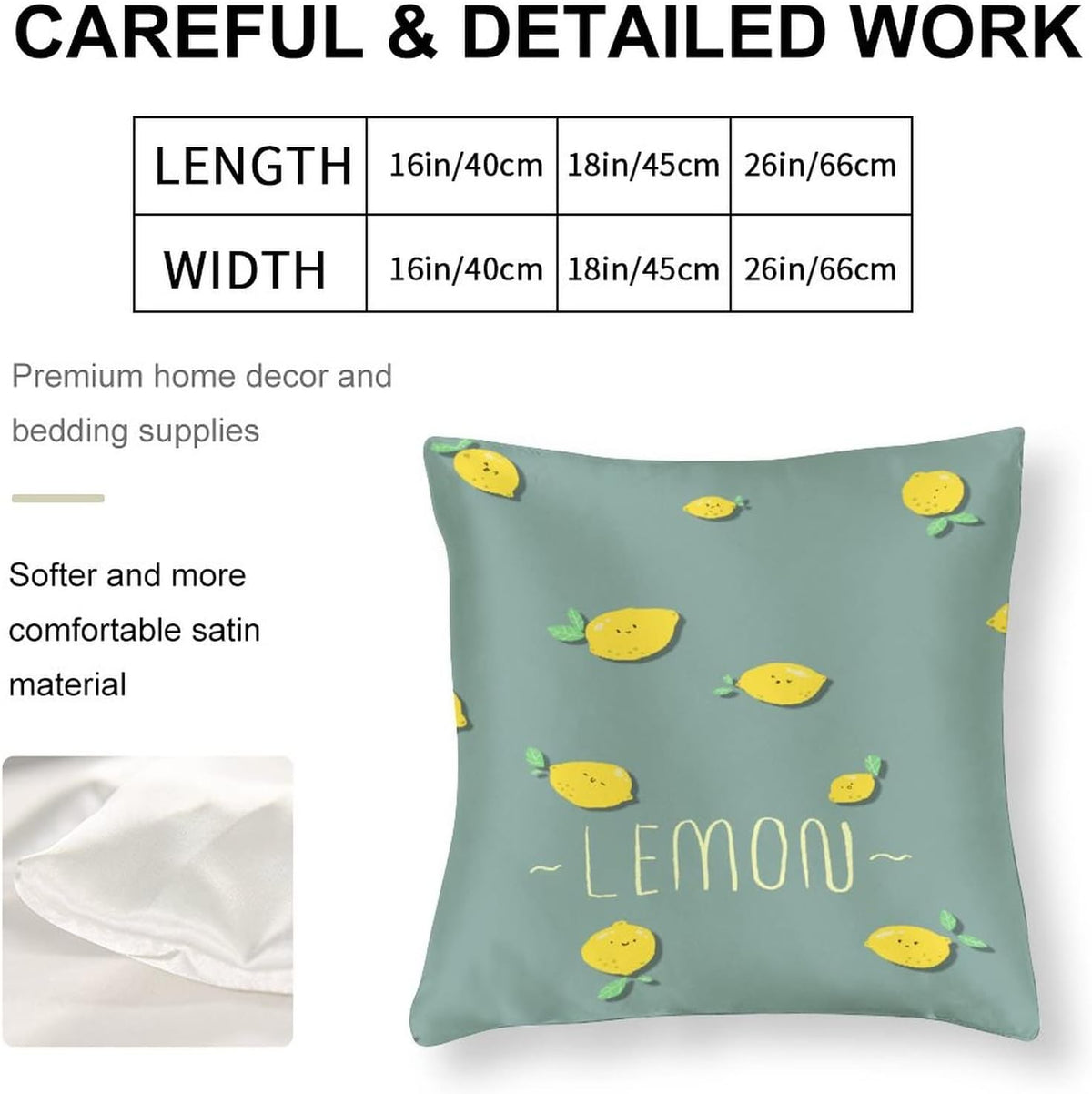 Throw Pillows for Couch 16"x16" Yellow Sweet Lemon Satin Square Throw Pillow Covers Spring Summer Lemon Yellow Decorative Pillow Covers Zippered Pillows for Couch Sofa Patio Furniture Home Decor