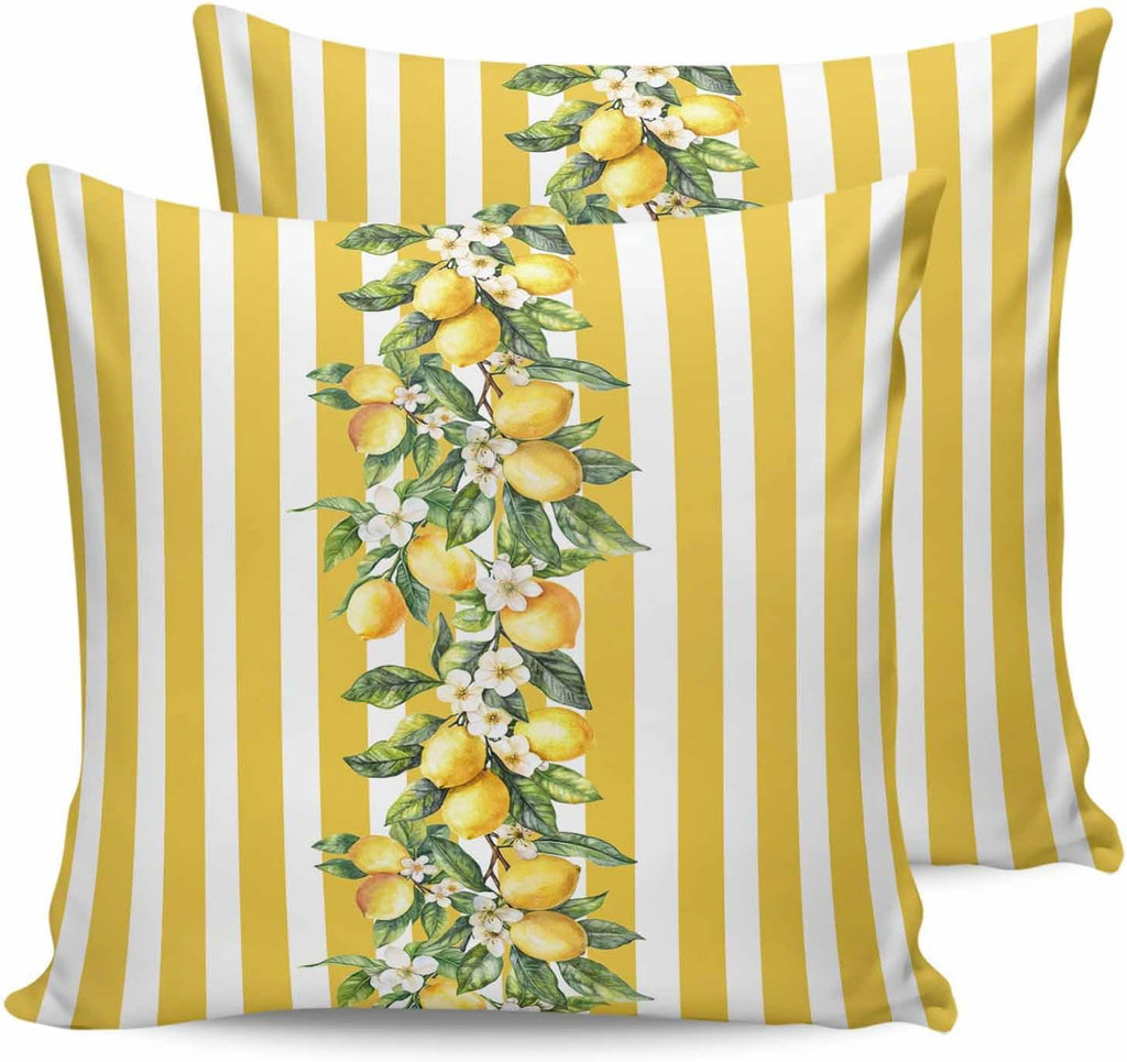 Yellow Lemon Floral Leaf 2PCS Throw Pillow Covers for Couch Sofa Bed, Vertical Stripe Pillow Covers 16x16 inch, Standard Pillowcases Set Decorative Cushion Covers for Living Room Bedroom