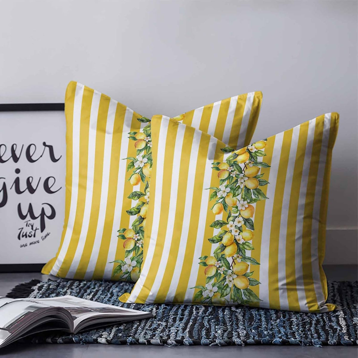 Yellow Lemon Floral Leaf 2PCS Throw Pillow Covers for Couch Sofa Bed, Vertical Stripe Pillow Covers 16x16 inch, Standard Pillowcases Set Decorative Cushion Covers for Living Room Bedroom