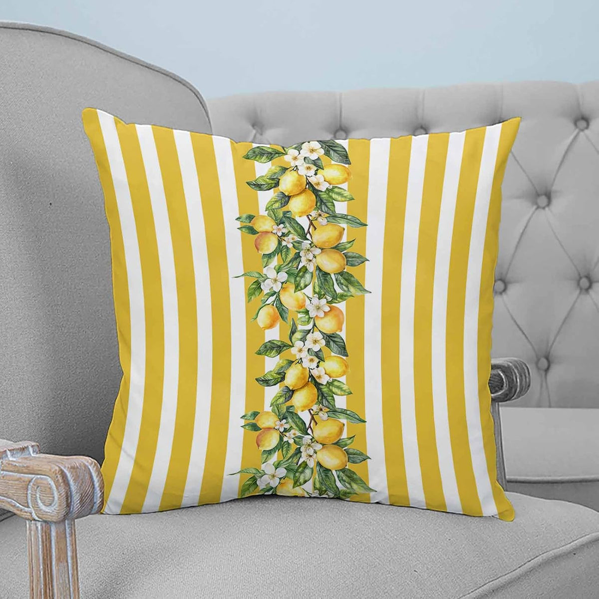 Yellow Lemon Floral Leaf 2PCS Throw Pillow Covers for Couch Sofa Bed, Vertical Stripe Pillow Covers 16x16 inch, Standard Pillowcases Set Decorative Cushion Covers for Living Room Bedroom