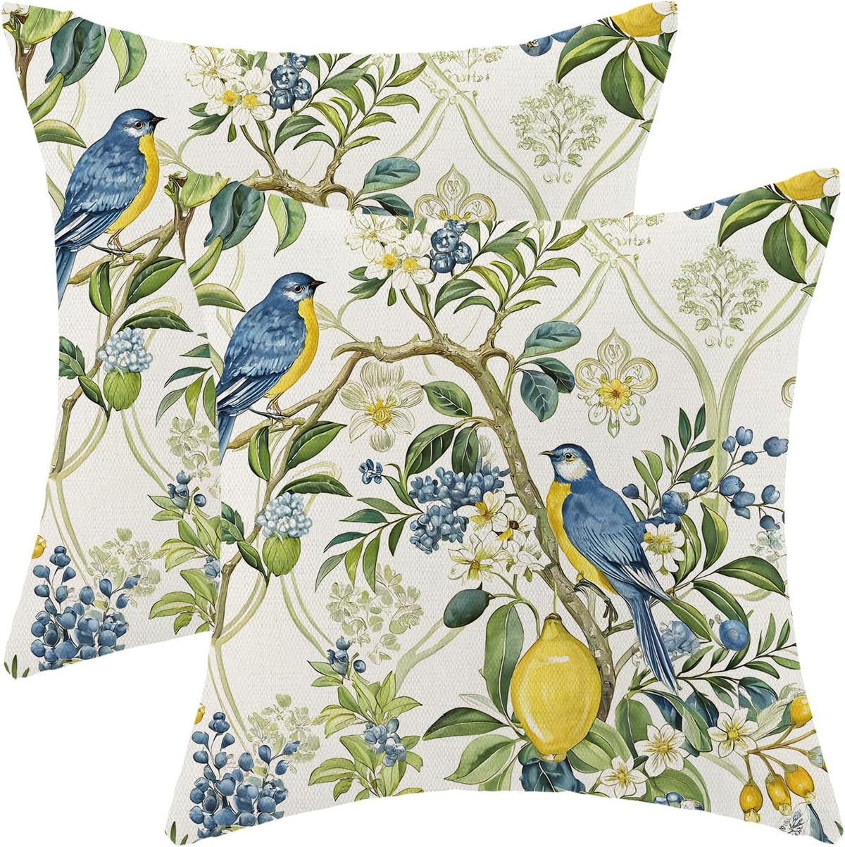 Blue Green Chinoiserie Pillow Covers 18x18 Set of 2 Chinoiserie Bird Floral Throw Pillows Outdoor Decorative Vintage Yellow Lemon Bird Floral Pillowcase Linen Cushion Cases for Bed Sofa Couch