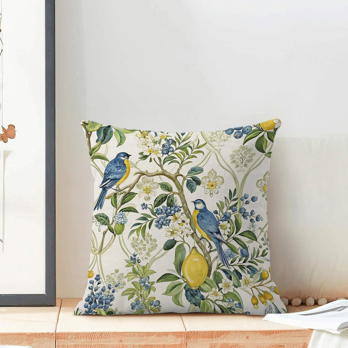 Blue Green Chinoiserie Pillow Covers 18x18 Set of 2 Chinoiserie Bird Floral Throw Pillows Outdoor Decorative Vintage Yellow Lemon Bird Floral Pillowcase Linen Cushion Cases for Bed Sofa Couch