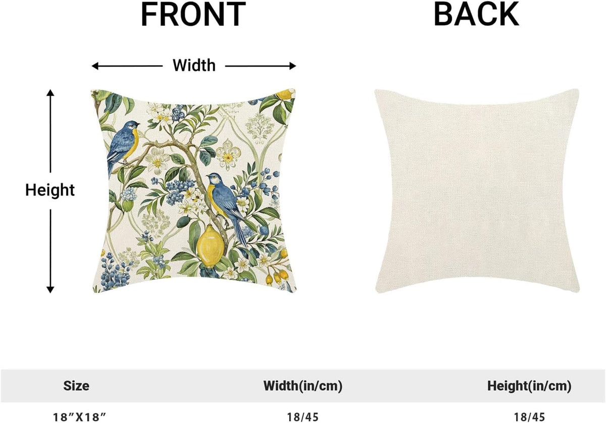 Blue Green Chinoiserie Pillow Covers 18x18 Set of 2 Chinoiserie Bird Floral Throw Pillows Outdoor Decorative Vintage Yellow Lemon Bird Floral Pillowcase Linen Cushion Cases for Bed Sofa Couch