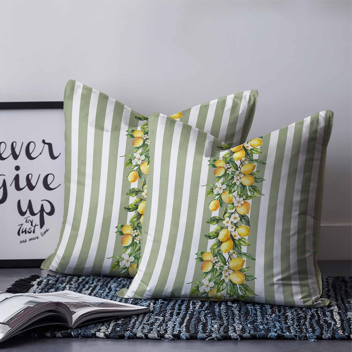 Retro Yellow Lemon 2PCS Throw Pillow Covers for Couch Sofa Bed, Sage Green Stripe Pillow Covers 16x16 inch, Standard Pillowcases Set Decorative Cushion Covers for Living Room Bedroom