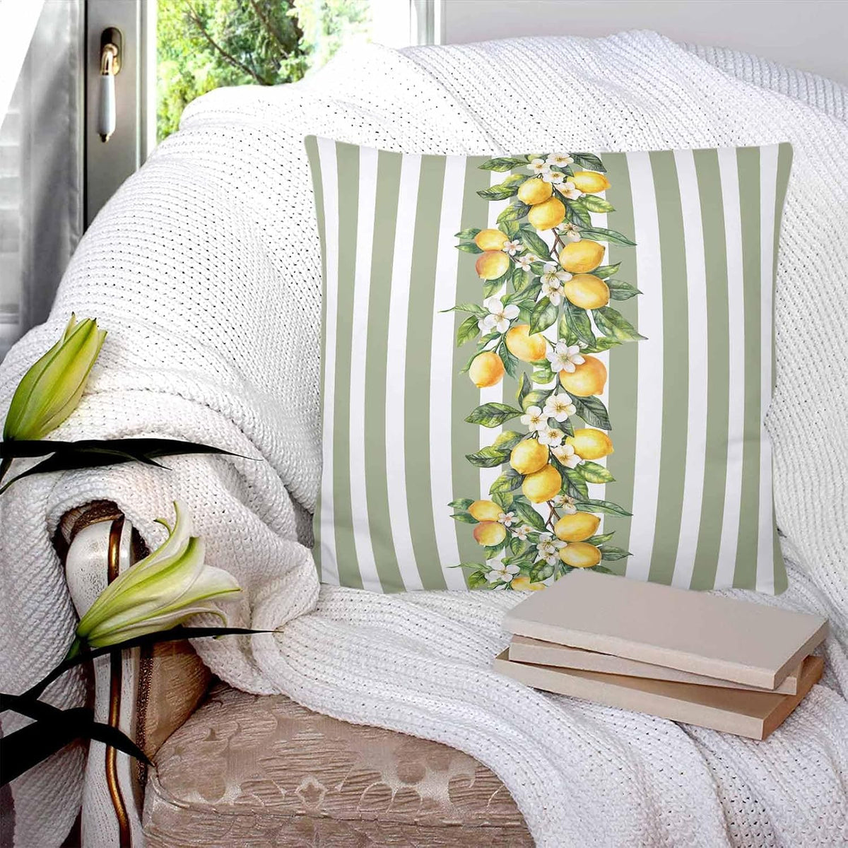 Retro Yellow Lemon 2PCS Throw Pillow Covers for Couch Sofa Bed, Sage Green Stripe Pillow Covers 16x16 inch, Standard Pillowcases Set Decorative Cushion Covers for Living Room Bedroom