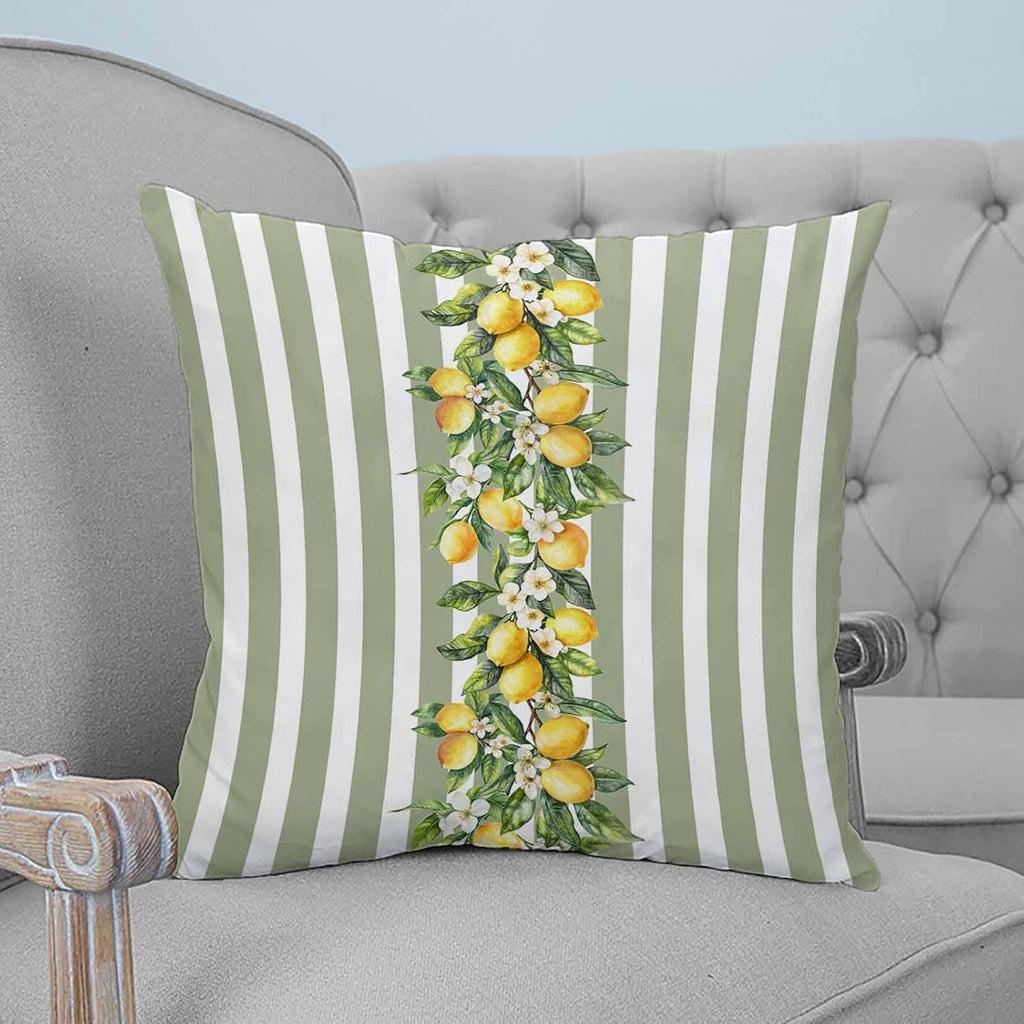 Retro Yellow Lemon 2PCS Throw Pillow Covers for Couch Sofa Bed, Sage Green Stripe Pillow Covers 16x16 inch, Standard Pillowcases Set Decorative Cushion Covers for Living Room Bedroom