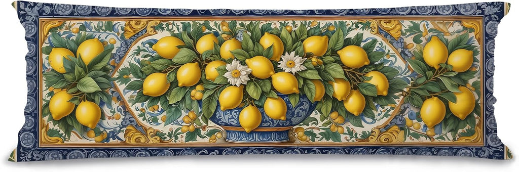 Yellow and Blue Italian Lemon 20x54 Body Pillow Cover, Summer Mediterranean Tiles Amalfi Coast Lemon Body Pillow Pillowcase with Zipper for Bed Couch