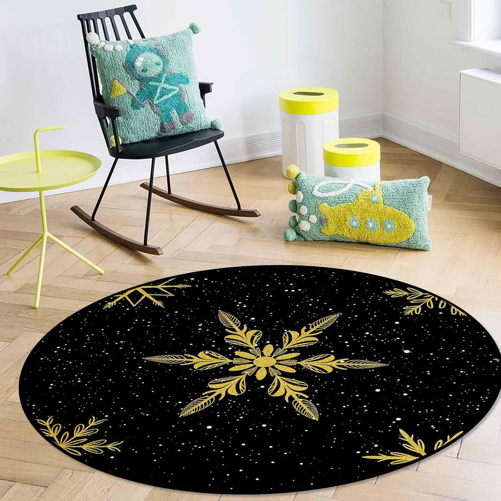 Christmas Round Area Rugs for Living Room/Bedroom/Entryway, Yellow Winter Snowflake Christmas Black Round Rugs 5Ft - Non Skid Rug Soft Circle Rug Runner Kids Room Floor Mats Throw Carpet