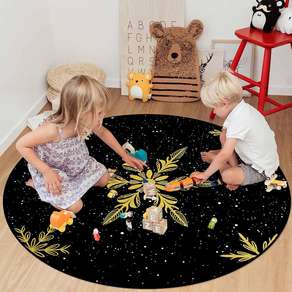 Christmas Round Area Rugs for Living Room/Bedroom/Entryway, Yellow Winter Snowflake Christmas Black Round Rugs 5Ft - Non Skid Rug Soft Circle Rug Runner Kids Room Floor Mats Throw Carpet