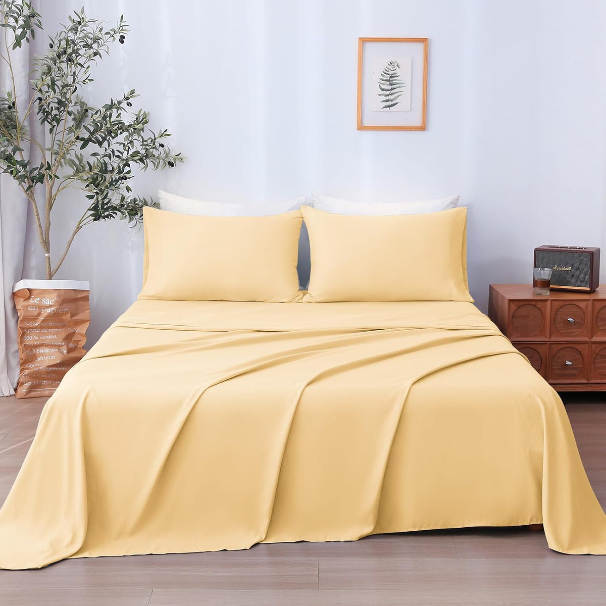 Full Sheet Set 4 Pieces, Ultra Soft & Breathable Microbifer Sheets, 1600 Thread Count Hotel Luxury Oeko-Tex Bedding, 14-16 Inch Deep Pocket Durable Wrinkle Free Bedsheets, Pale Yellow
