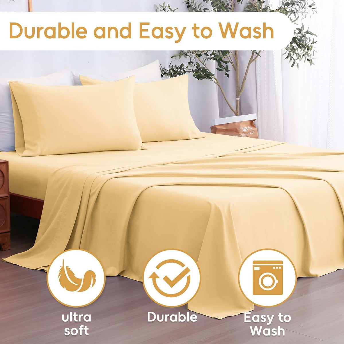 Full Sheet Set 4 Pieces, Ultra Soft & Breathable Microbifer Sheets, 1600 Thread Count Hotel Luxury Oeko-Tex Bedding, 14-16 Inch Deep Pocket Durable Wrinkle Free Bedsheets, Pale Yellow