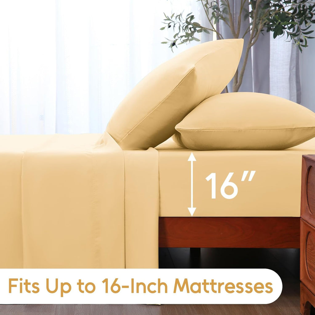 Full Sheet Set 4 Pieces, Ultra Soft & Breathable Microbifer Sheets, 1600 Thread Count Hotel Luxury Oeko-Tex Bedding, 14-16 Inch Deep Pocket Durable Wrinkle Free Bedsheets, Pale Yellow