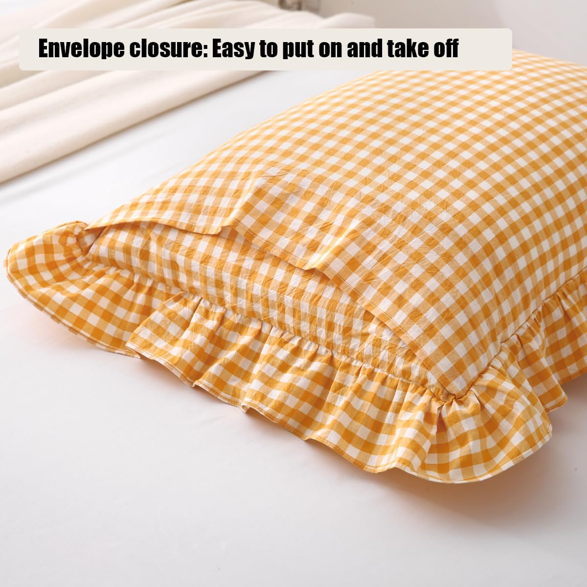 Mustard Yellow Gingham Ruffle Pillow Shams Standard Size Set of 2