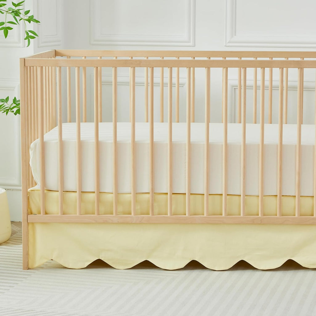 Scallop Edge Cotton Crib Skirt Toddler Bedskirt Baby Nursery Crib Bed Skirt Boho Bohemian Neutral Solid Color Light Yellow Farmhouse Chic Bedding Skirt